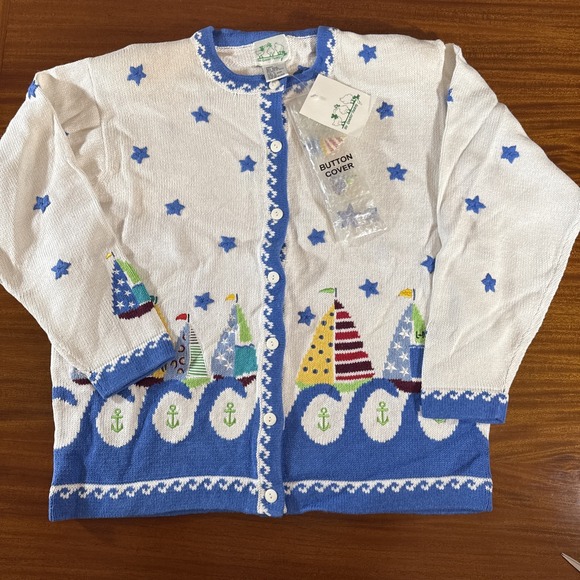 Quacker Factory Sweaters - Quacker Factory Sweater L Cardigan Sailboats Nautical Anchors NWT Vintage Granny